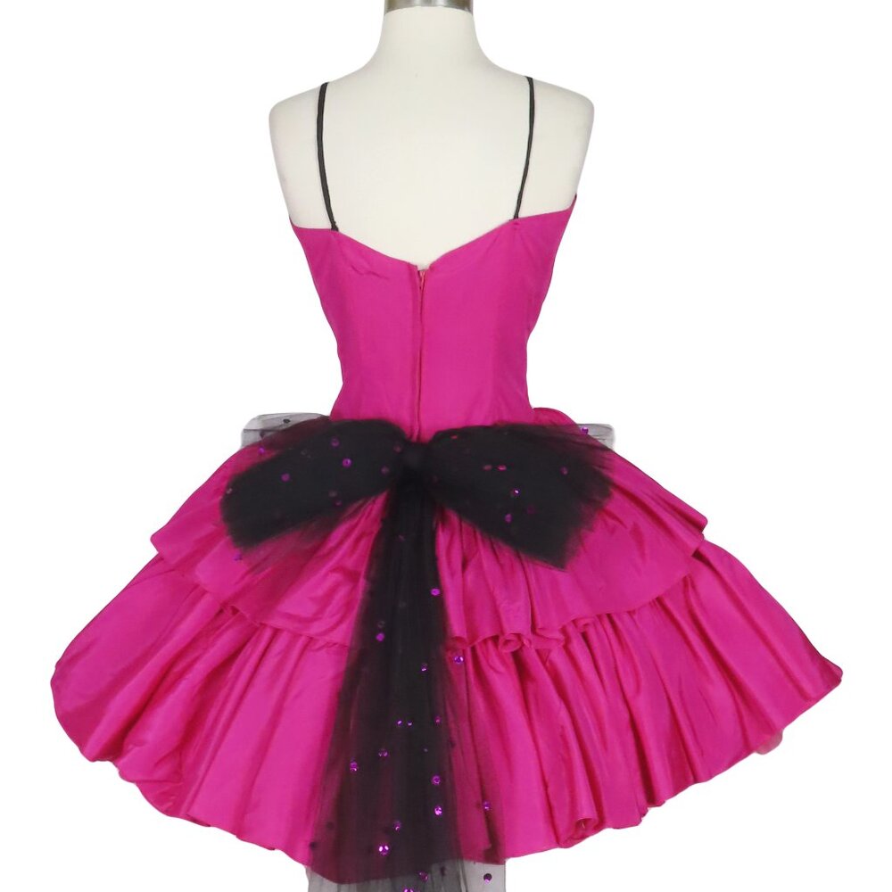 Vintage 80s Pink Black Beaded Tiered Full Skirt Prom Cocktail Party Dress S M - Picture 5 of 14